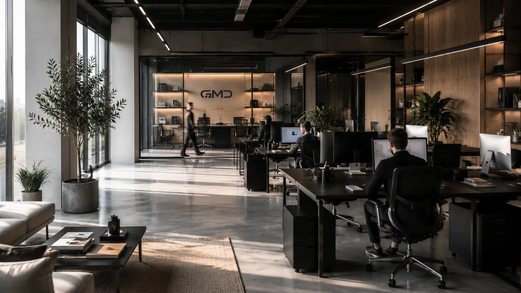 Otwarte biuro GMD z logo na ścianie, zespół przy biurkach, naturalne światło